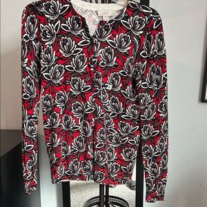 LOFT Red Floral Button Cardigan with Black & White Accents